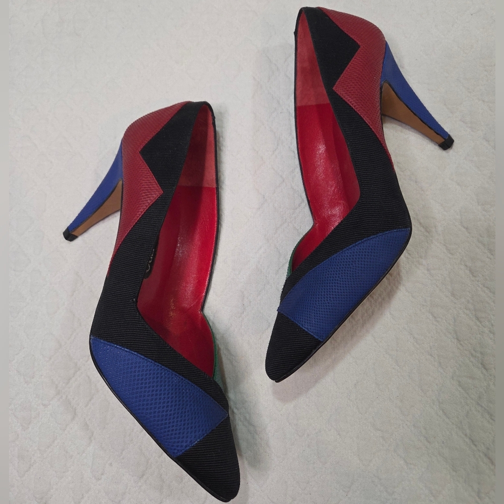 Martinez Valero Colorblock Geometric Heels Size 7 Pointed Toe Pumps 70s 80s